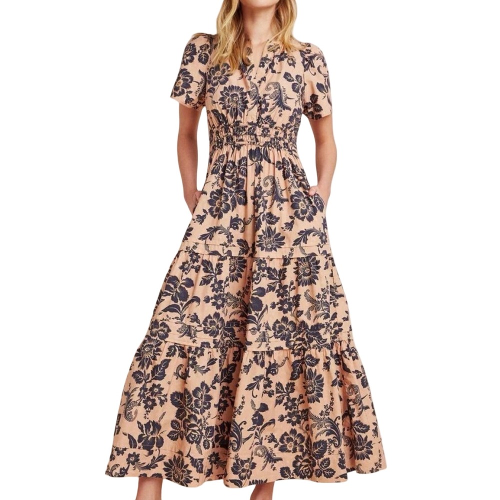 By Anthropologie Somerset Maxi Dress Tan Black Floral Cotton Smocked Tiered SZ M